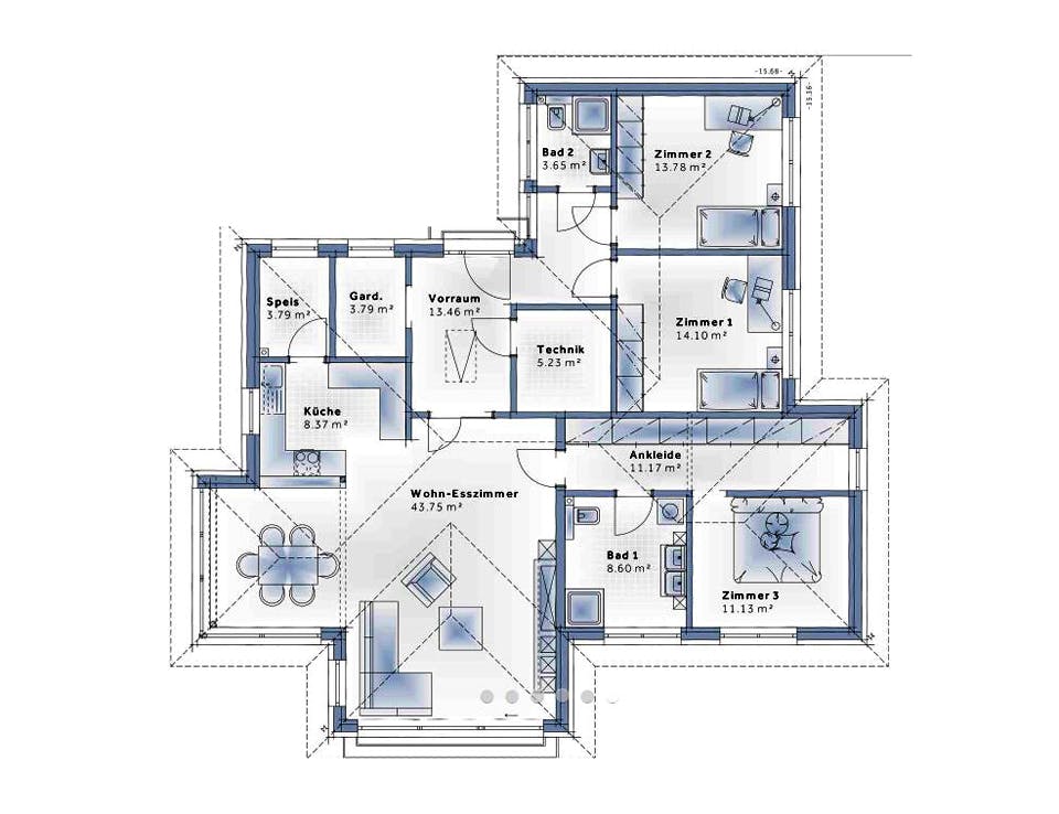 Fertighaus Bungalow S141 mit Einliegerwohnung von Vario-Haus - Deutschland Schlüsselfertig ab 427860€, Bungalow Grundriss 1