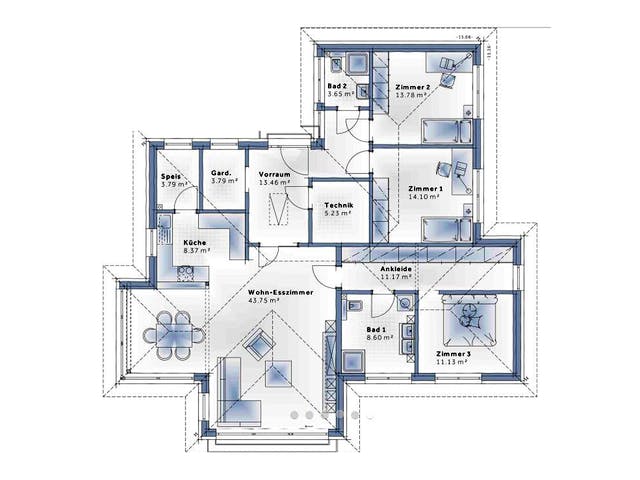 Fertighaus Bungalow S141 mit Einliegerwohnung von Vario-Haus - Österreich Schlüsselfertig ab 356960€, Bungalow Grundriss 1