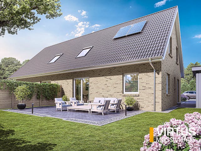 Massivhaus Doppelhaus V120 von Virtus Massivhaus Schlüsselfertig ab 192500€, Satteldach-Klassiker Außenansicht 1