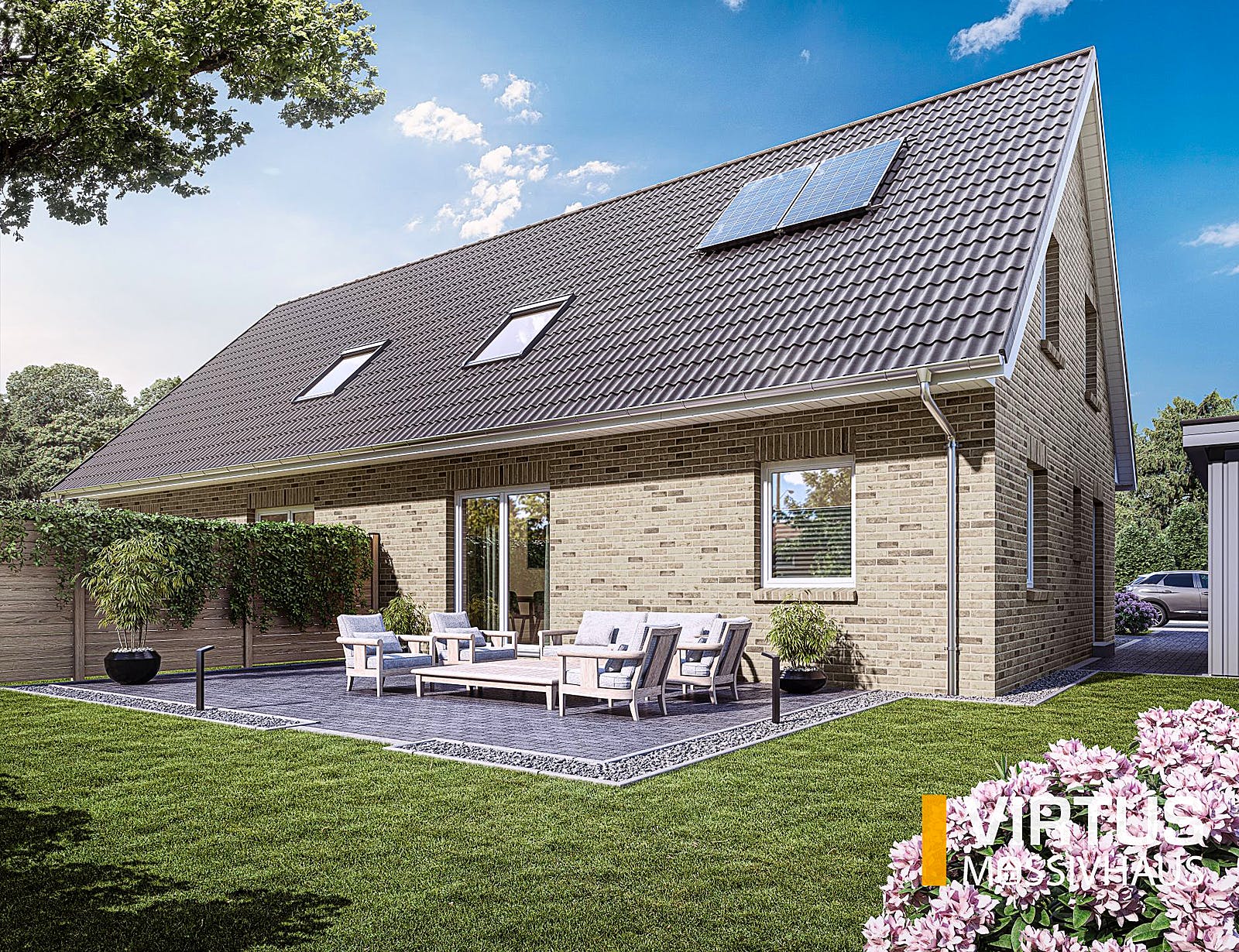 Massivhaus Doppelhaus V120 von Virtus Massivhaus Schlüsselfertig ab 192500€, Satteldach-Klassiker Außenansicht 1