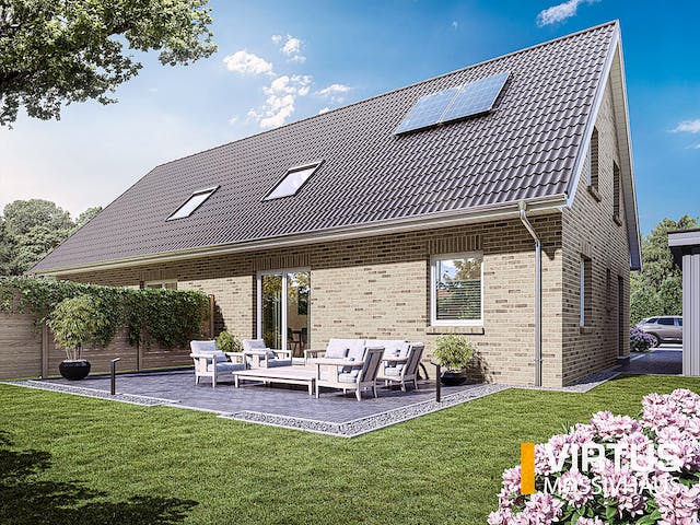 Massivhaus Doppelhaus V120 von Virtus Massivhaus Schlüsselfertig ab 192500€, Satteldach-Klassiker Außenansicht 1
