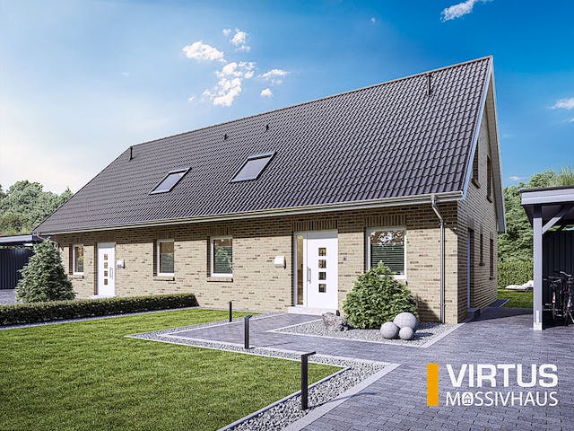 Massivhaus Doppelhaus V120 von Virtus Massivhaus Schlüsselfertig ab 192500€, Satteldach-Klassiker Außenansicht 2