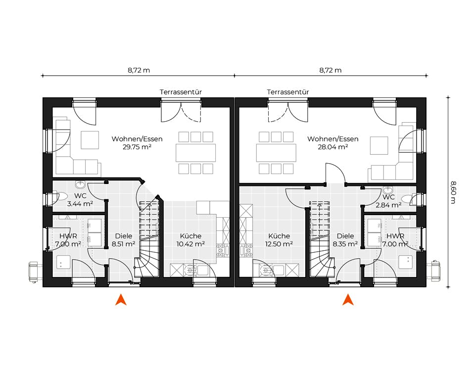 Massivhaus Doppelhaus V120 von Virtus Massivhaus Schlüsselfertig ab 192500€, Satteldach-Klassiker Grundriss 1