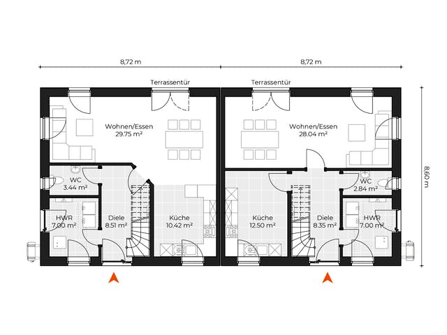 Massivhaus Doppelhaus V120 von Virtus Massivhaus Schlüsselfertig ab 192500€, Satteldach-Klassiker Grundriss 1