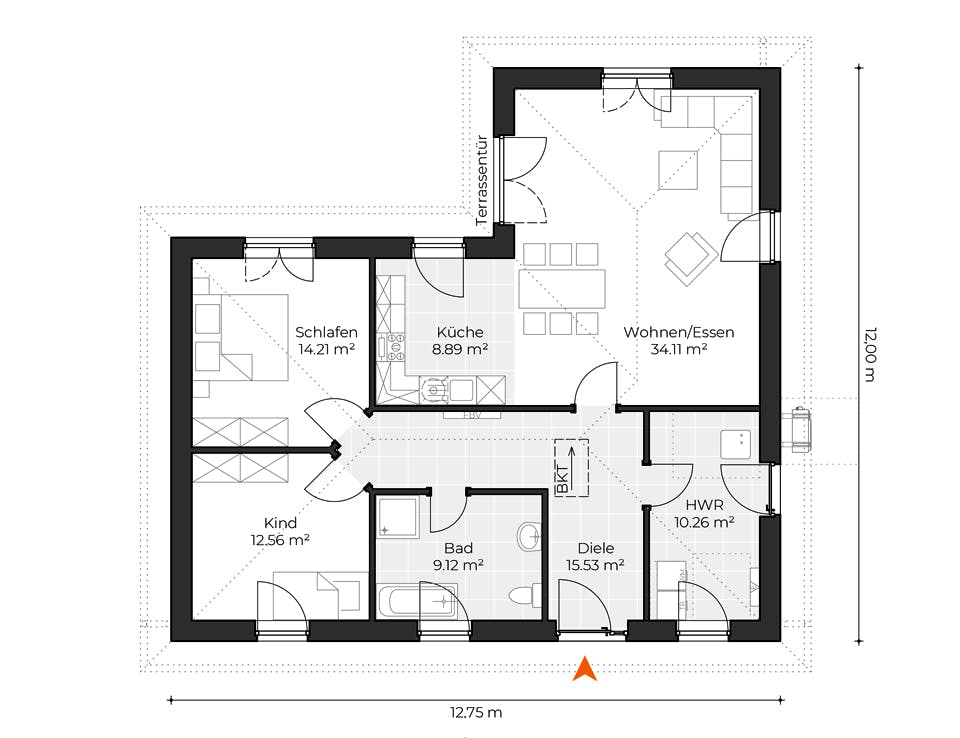 Massivhaus Winkelbungalow V105 von Virtus Massivhaus Schlüsselfertig ab 197900€, Bungalow Grundriss 1