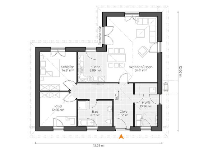 Massivhaus Winkelbungalow V105 von Virtus Massivhaus Schlüsselfertig ab 197900€, Bungalow Grundriss 1