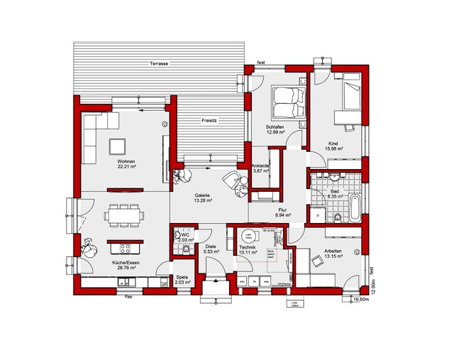 Fertighaus EDITION B 145.2 von Wolf-Haus Schlüsselfertig ab 415775€, Bungalow Grundriss 1