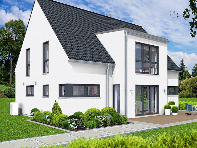 Fertighaus EDITION E 168 von Wolf-Haus Schlüsselfertig ab 432058€, Satteldach-Klassiker Außenansicht 1