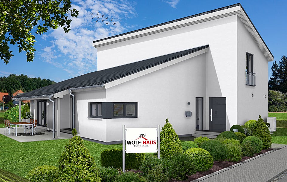 Fertighaus EDITION E 179 von Wolf-Haus Schlüsselfertig ab 500111€, Pultdachhaus Außenansicht 2