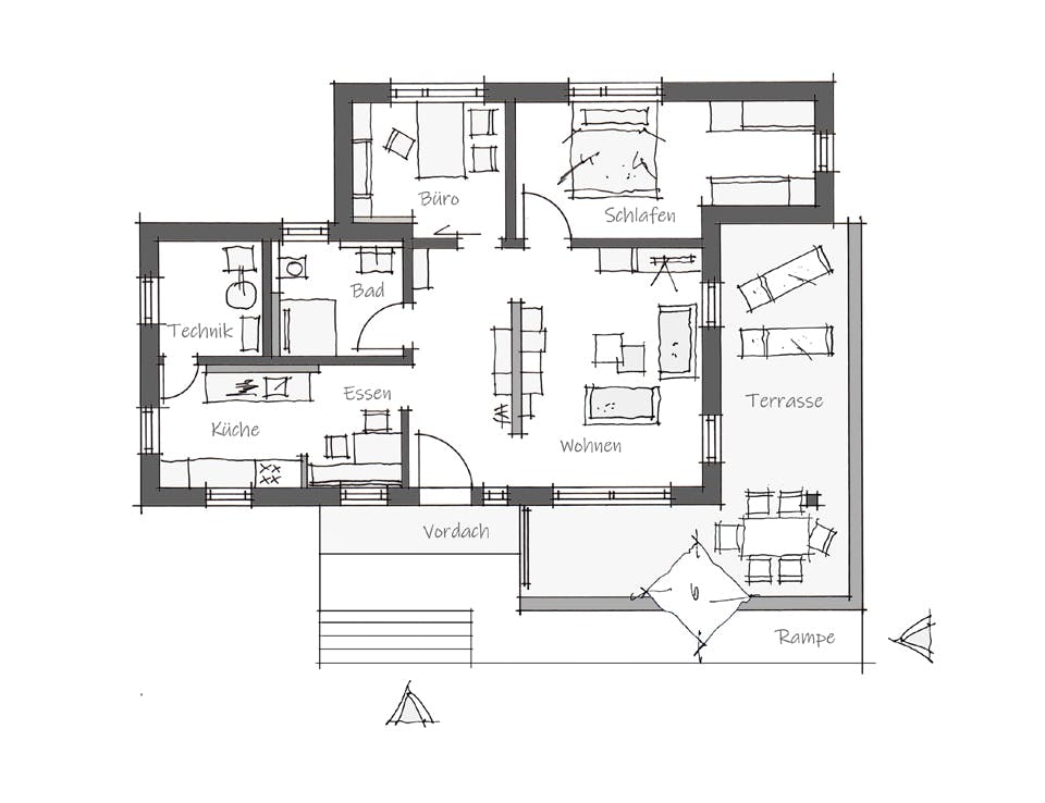 Fertighaus Musterhaus Fellbach – Kompaktmodul von Wolf System, Bungalow Grundriss 1