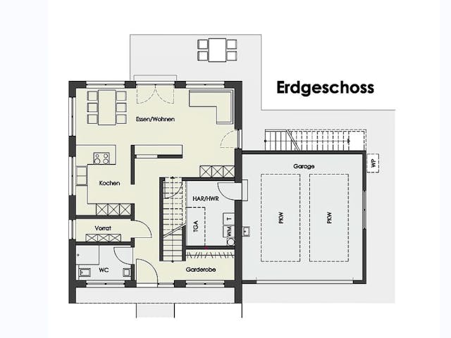 Fertighaus Haus Nübold-Bracht von Wiese und Heckmann, Satteldach-Klassiker Grundriss 1